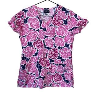 Sanibel Scrubs Womens Sz XS Scrub Top Pink Rose Print